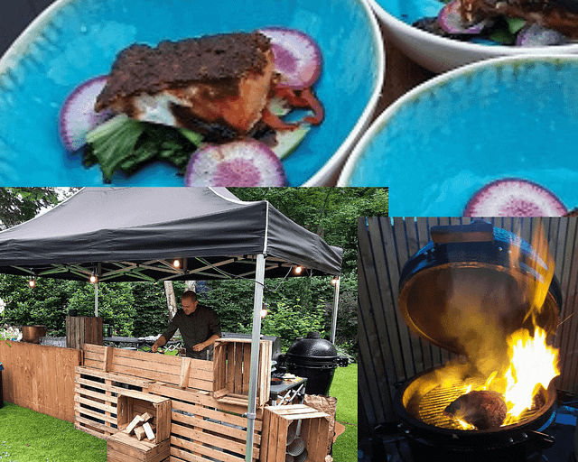 collage van barbecue opstelling en warm gerookte zalm