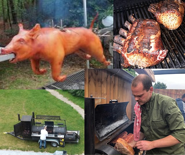 vurige show met een varken aan het spit of andere grote stukken vlees